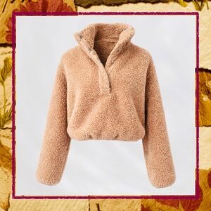H&M Tan Cropped Sherpa Pullover Jacket S | Teddy Fleece Snap Neck Jacket
